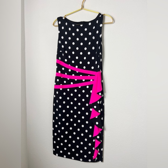 EUC Joseph Ribkoff Black-Vanilla-Neon Pink Polka-Dot Dress Style 191828 Size 8 - Picture 7 of 15